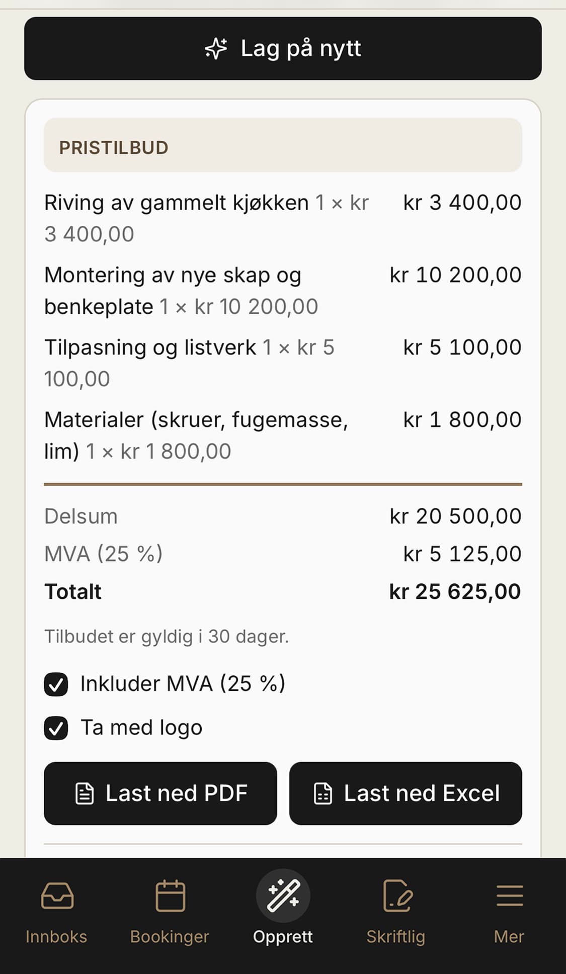 Ferdig pristilbud med linjer, MVA og total, klart som PDF eller Excel