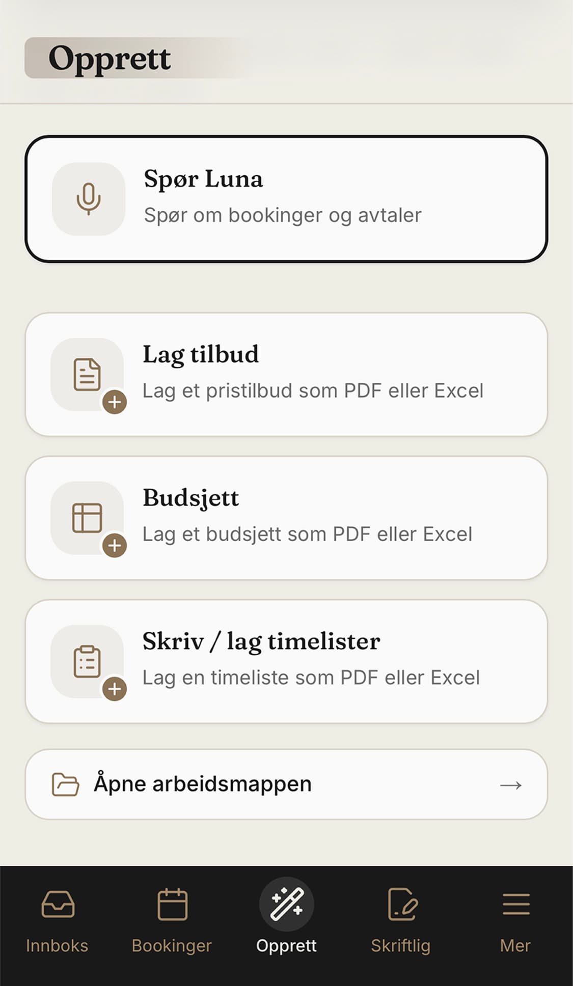 Opprett-siden: Spør Luna, lag tilbud, budsjett og timelister