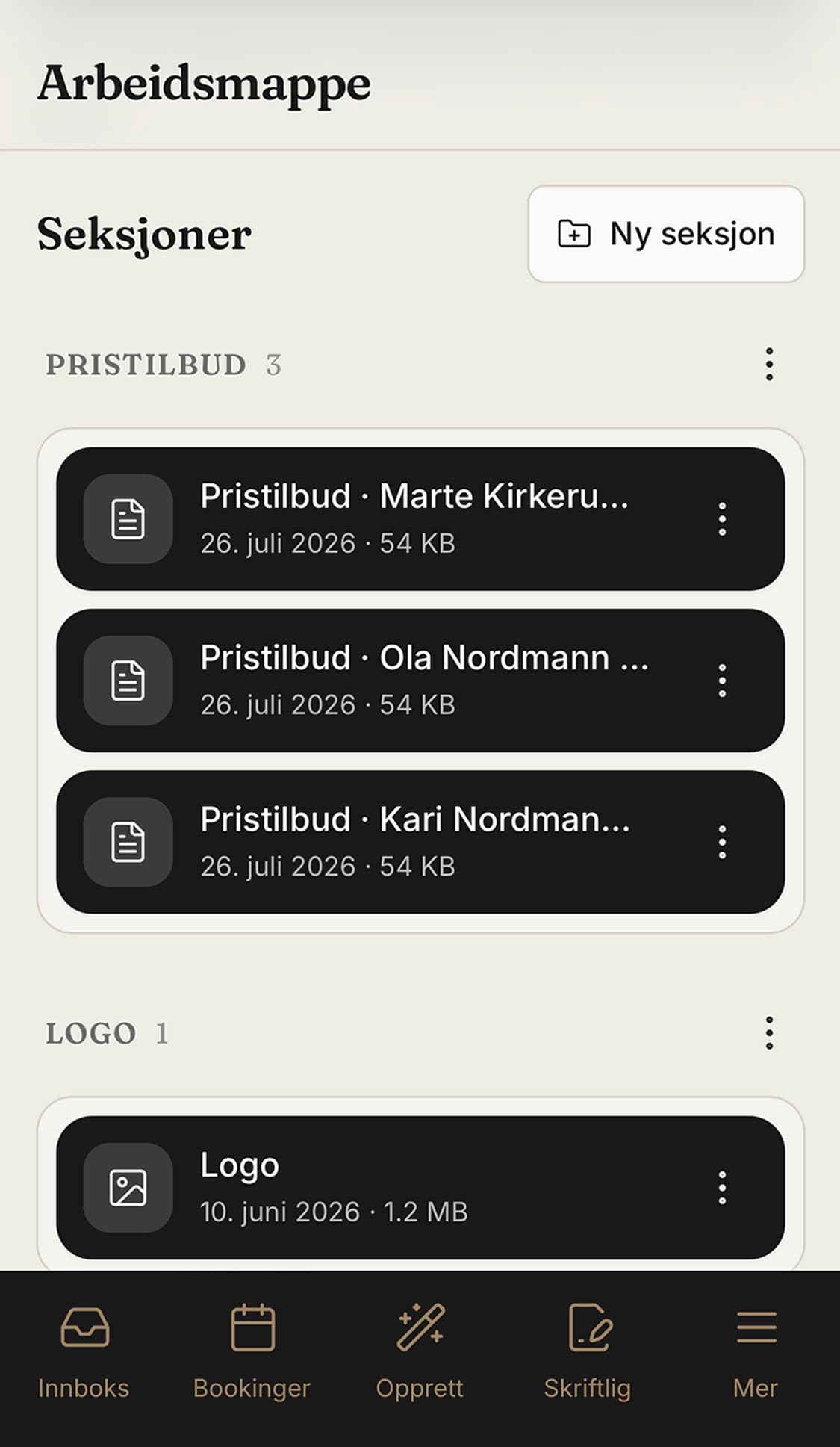 Arbeidsmappen med lagrede pristilbud og logo