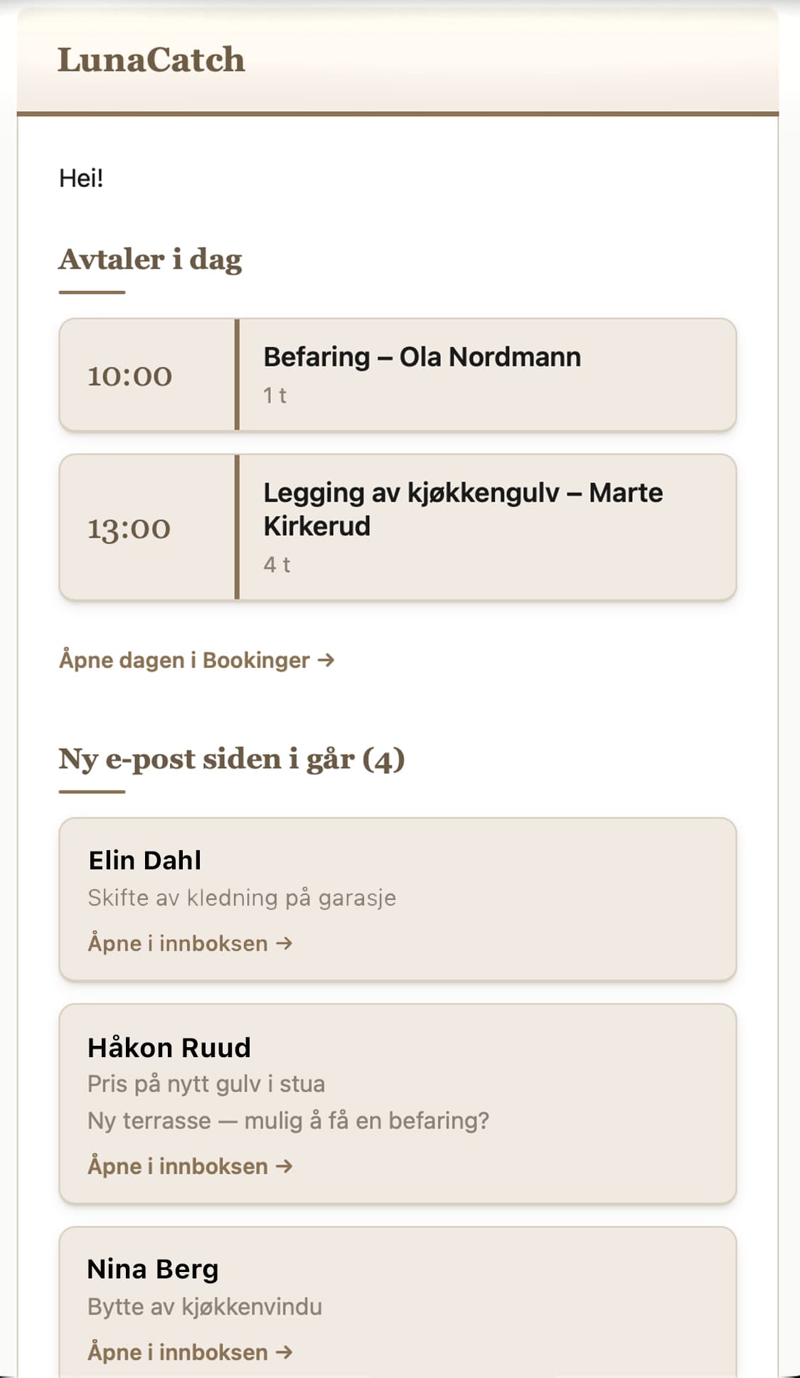 Lunas dagsplan på e-post med dagens avtaler og ny e-post